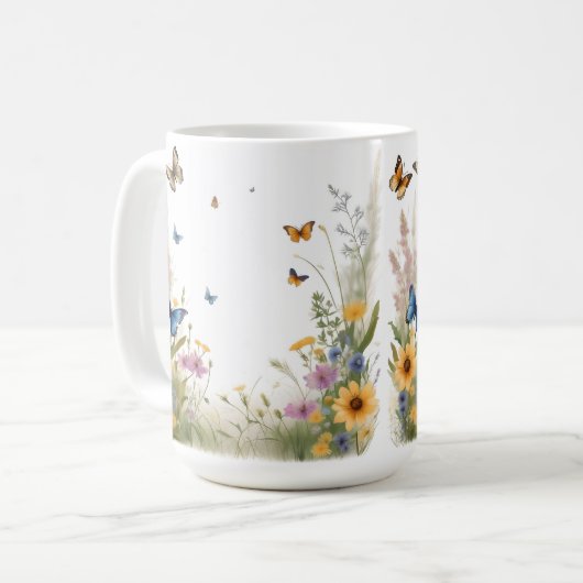 aquarel wilde bloemen grassen en vlinders, koffiemok (Voorkant links)