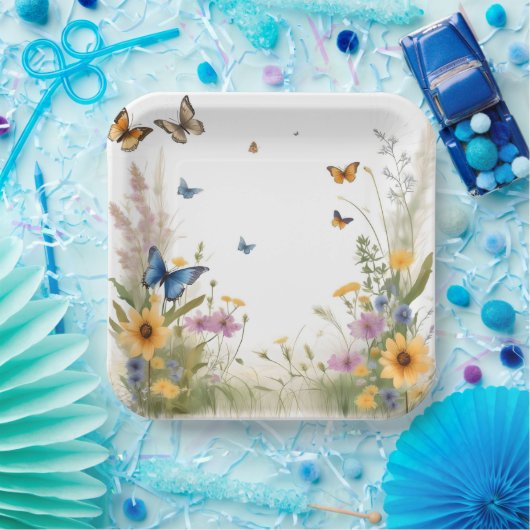 aquarel wilde bloemen grassen en vlinders, papieren bordje (Feest)