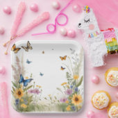 aquarel wilde bloemen grassen en vlinders, papieren bordje (Feest)