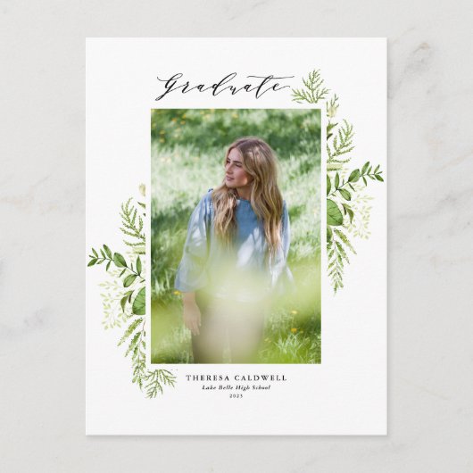 Aquarel Wilde Groene Witte Foto Afstuderen Briefkaart (Voorkant)