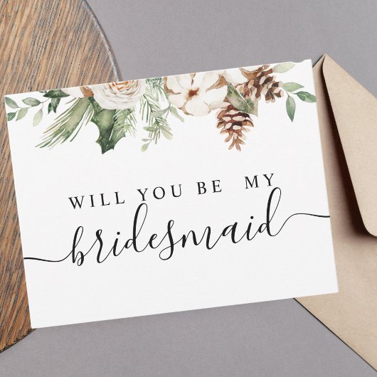 Aquarel Winter Groene Dennenboom & Witte Bloemen Uitnodiging Briefkaart