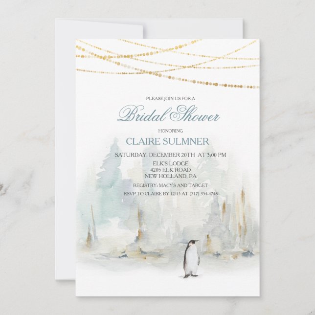 Aquarel Winter Pinguïn Bruiloftsborrel Uitnodiging (Voorkant)