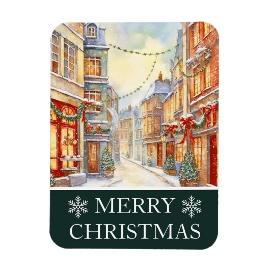 Aquarel Winter Straat Scène Kerstkaart Magneet (Verticaal)