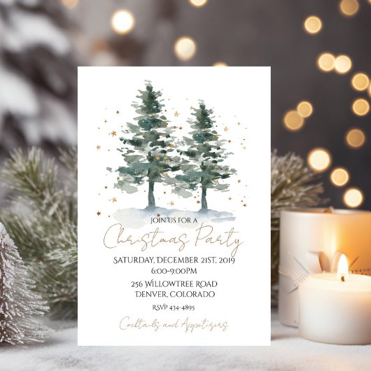 Aquarel Winterdennen Goud Kerst Uitnodiging