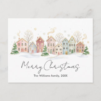 Aquarel Winterdorp Familie Kerstkaart Feestdagenkaart