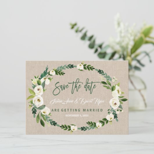 Aquarel Wit Bloemen Handschrift Save the Date (Staand voorkant)