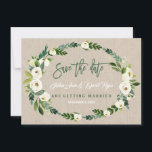 Aquarel Wit Bloemen Handschrift Save the Date<br><div class="desc">Uniek en elegant kaartontwerp met prachtige witte aquarel rozen, pioenen boeketten, een bloemige verdeler met pijlen als harten, modern handschrift "brunch & bubbly", op een linnen canvas achtergrond. Gebruik het gereedschap Aanpassen om uw informatie toe te voegen, lettertypen en achtergrondkleur te wijzigen. Voor bijpassende items, bezoek mijn Rustic White Flowers...</div>