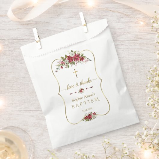 Aquarel Wit Rood Poinsettia Gouden Doop Bedankzakje (Geknipt)
