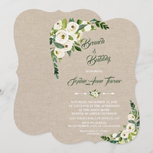 Aquarel Witte Bloemen Burlap Brunch & Bubbly Kaart (Voorkant / Achterkant)