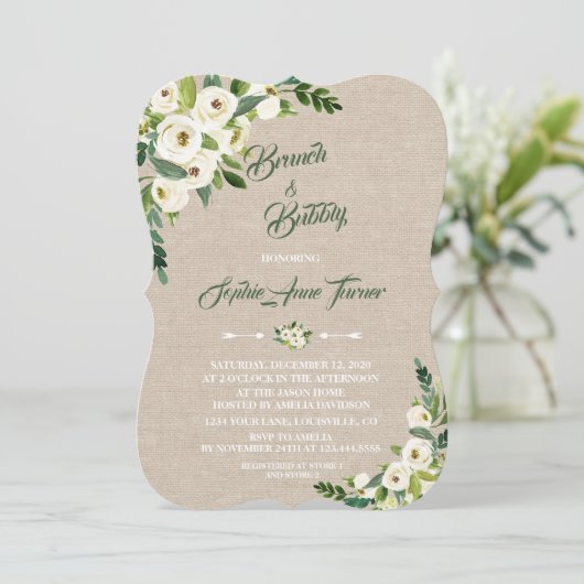 Aquarel Witte Bloemen Burlap Brunch & Bubbly Kaart (Staand voorkant)
