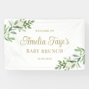 Aquarel Witte Bloemen en Groene Baby Brunch Spandoek
