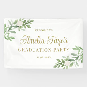 Aquarel Witte Bloemen en Groene Plant Graduation Spandoek
