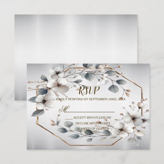 Aquarel Witte Bloemen Gouden Frame Zilver Teal RSVP Kaartje (Voorkant / Achterkant)