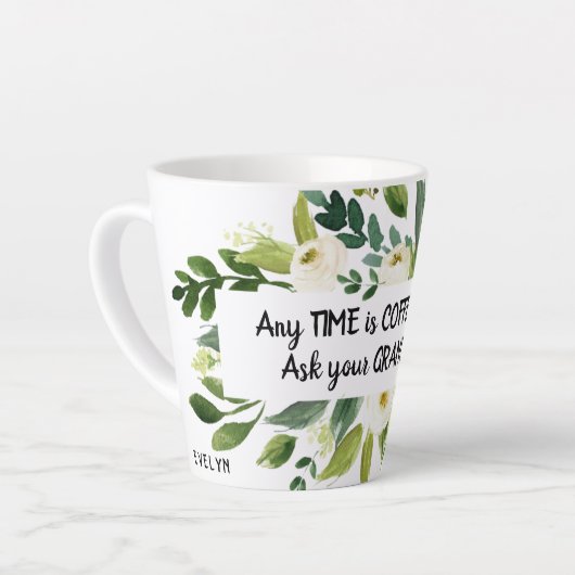 Aquarel Witte bloemen Koffie Quote Monogram Latte Mok (Linkerhoek)