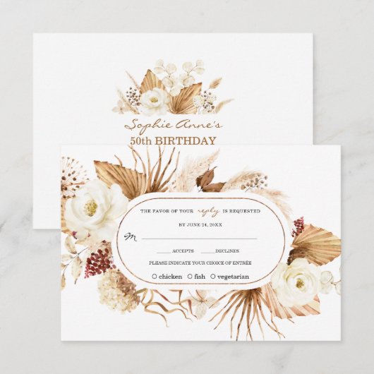 Aquarel Witte Bloemen Pampas Gras Verjaardag RSVP Kaartje (Voorkant / Achterkant)