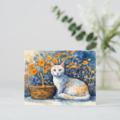 Aquarel Witte Kat in Bloemmand Briefkaart (Staand voorkant)