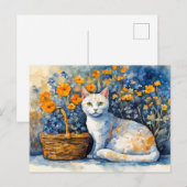 Aquarel Witte Kat in Bloemmand Briefkaart (Voorkant / Achterkant)
