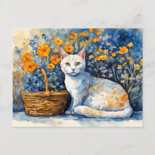 Aquarel Witte Kat in Bloemmand Briefkaart