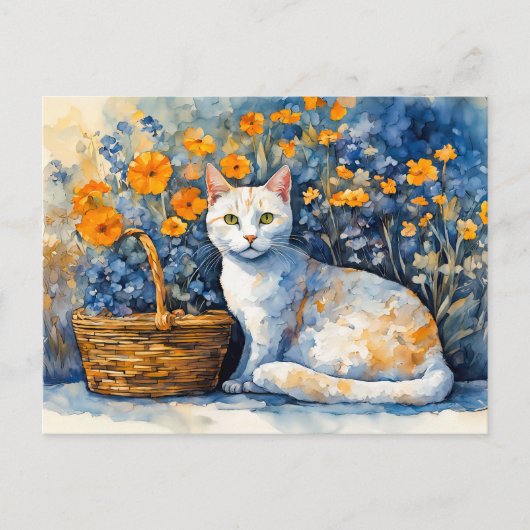 Aquarel Witte Kat in Bloemmand Briefkaart (Voorkant)