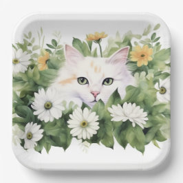 Aquarel Witte Kat In Madeliefjes Papieren Bordje