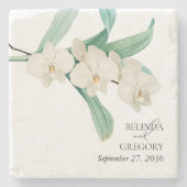 Aquarel Witte Orchideeën Bruiloftsgeschenk Stenen Onderzetter (Voorkant)