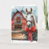 Aquarel Witte Paard en Festive Boerderij Kerstmis Feestdagen Kaart (Voorkant)