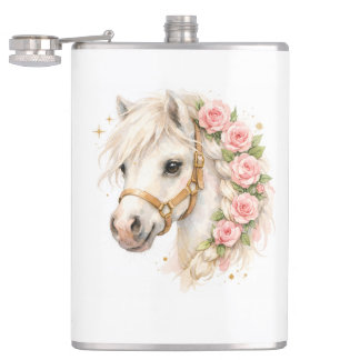 Aquarel Witte Paard Keramische Fles met Roos Heupfles