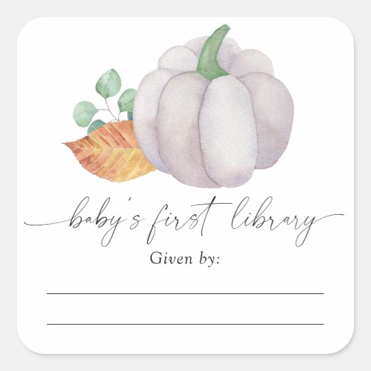 Aquarel witte pompoen - Baby Shower-boekplaat Vierkante Sticker (Voorkant)