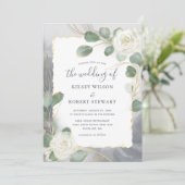 Aquarel Witte Rozen Grijze Groene Bloemen Bruiloft Kaart (Staand voorkant)