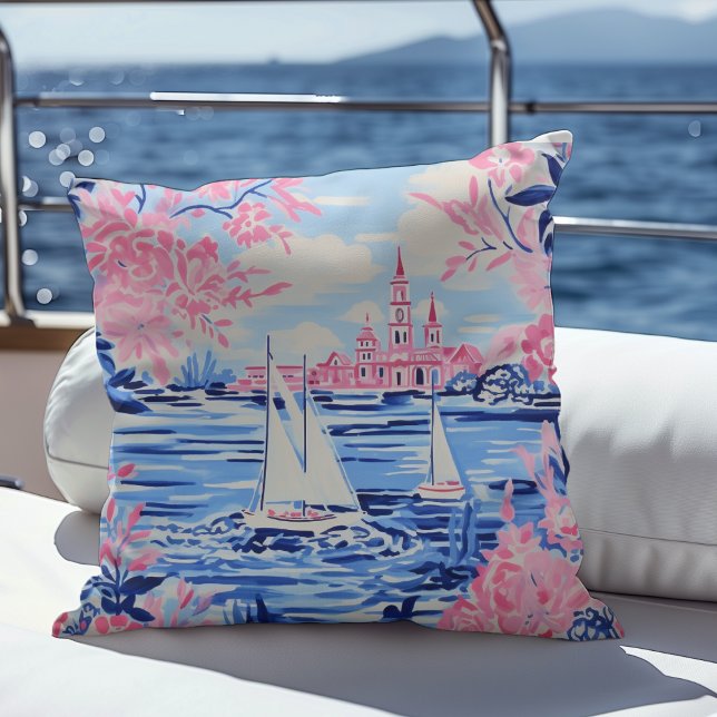 Aquarel Witte Zeilboten Blauwe Wateren Roze Bloeme Kussen (Creator heeft geüpload)