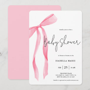 Aquarel Zacht Roze Strik Baby Shower Uitnodiging