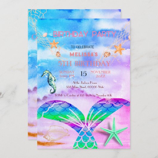 Aquarel Zee Dieren Verjaardagsfeest Uitnodiging (Voorkant / Achterkant)