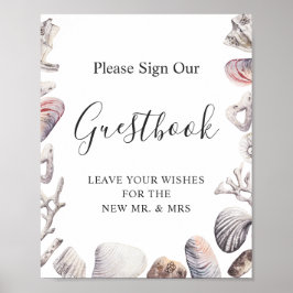 Aquarel Zee Schelp Strand Bruiloft Gastboek Bord Poster