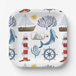Aquarel Zee Schip, Zeiler Walvis Zee Baby Shower  Papieren Bordje