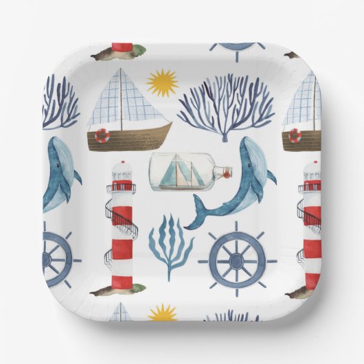 Aquarel Zee Schip, Zeiler Walvis Zee Baby Shower  Papieren Bordje (Voorkant)