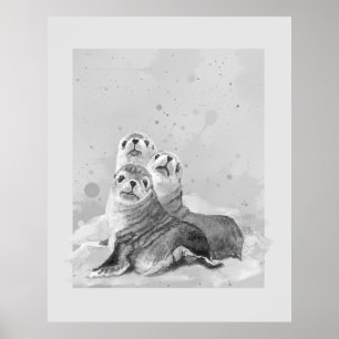 Aquarel Zeehond Familie Zee Dier Natuur Kunst Poster