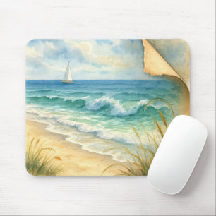 Aquarel Zeekust en Zeilboot Muismat