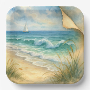 Aquarel Zeekust en Zeilboot Papieren Bordje