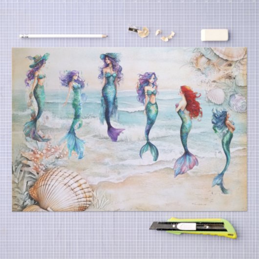 Aquarel Zeemeerminnen voor Oesterschelpen Decoupag Tissuepapier (Craft)
