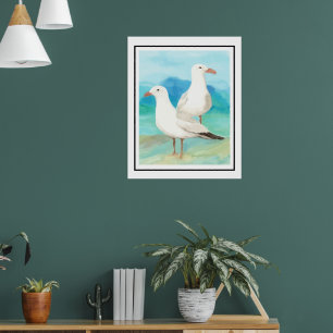 Aquarel Zeemeeuwen op het Strand Vogel Natuur Kuns Poster