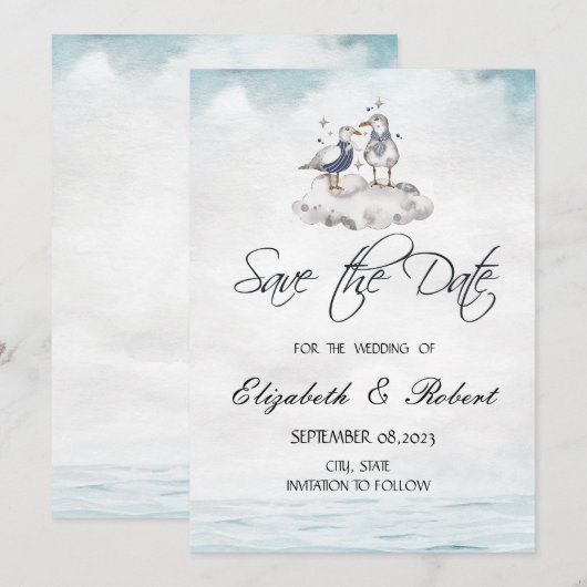 Aquarel Zeemeeuwen Strand Save The Date (Voorkant / Achterkant)