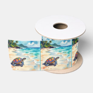 Aquarel Zeeschildpad Op Een Strand Satijnen Lint