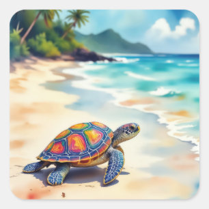 Aquarel Zeeschildpad Op Een Strand Vierkante Sticker