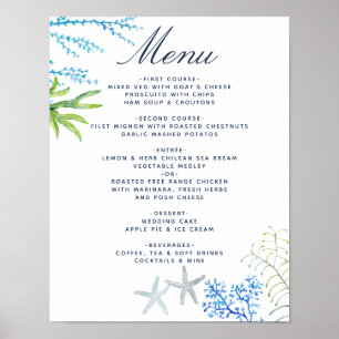 Aquarel Zeewier Strand Bruiloft Menu Poster