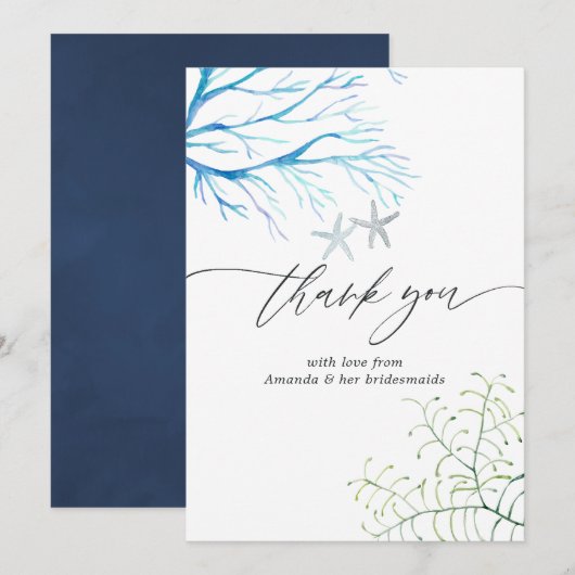 Aquarel Zeewier Strand Bruiloft Thema Bruidsfeest Bedankkaart (Voorkant / Achterkant)