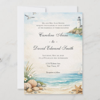 Aquarel Zeezijde Kust Strand Oceaan Bruiloft Kaart