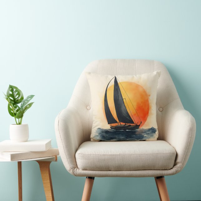 Aquarel Zeilboot bij Zonsondergang Kussen (Stoel)