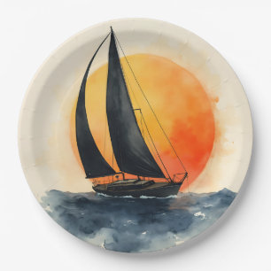 Aquarel Zeilboot bij Zonsondergang Papieren Bordje