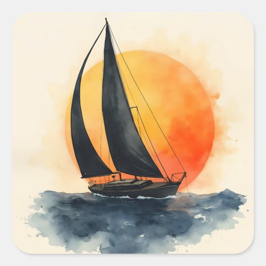 Aquarel Zeilboot bij Zonsondergang Vierkante Sticker (Voorkant)