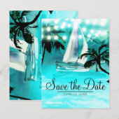 Aquarel Zeilboot Bomen & Lichtjes Bewaar de Datum Aankondigingskaart (Voorkant / Achterkant)